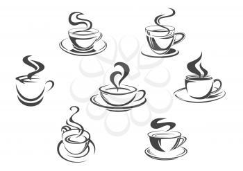Coffee cups icons with vector aroma hot steam mugs of espresso, cappuccino or moka, americano, ristretto or frappe, latte macchiato or hot chocolate drink. Isolated emblems set for cafe menu, cafeteri