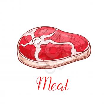 Raw meat vector sketch icon of fresh steak chop or beefsteak, tenderloin filet or sirloin fillet on bone. Meat lump of beef, pork, mutton or veal. Isolated meaty product for farm butchery or butcher s