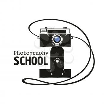 Camera vector icon. Old vintage black photograph camera on tripod stand with photo capture lens, flash light and strap. Isolated emblem for photography or photographer school