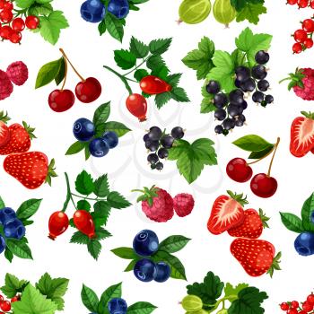 Berries vector seamless pattern of blackberry, blueberry, black currant or redcurrant, cherry, raspberry and strawberry crop, gooseberry and briar fruits harvest. Fresh garden or forest berries design