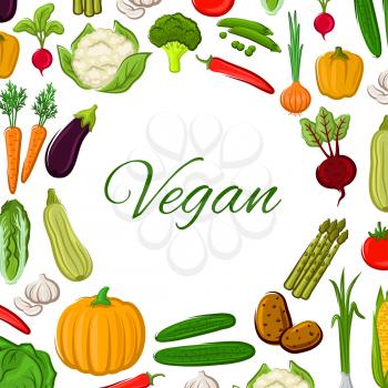 Vegetables vector poster of veggies cauliflower and broccoli, bell or chili pepper, tomato and zucchini squash, beet, pumpkin and corn, asparagus, potato and eggplant, onion leek and pea. Vegetarian o