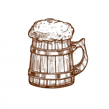 Beer glass mug vector icon. Sketched frothy or foamy ale or lager and draught beer pint in old wooden drinking mug or barrel. Isolated emblem for beer bar and brewpub or pub, brewery company sign and 