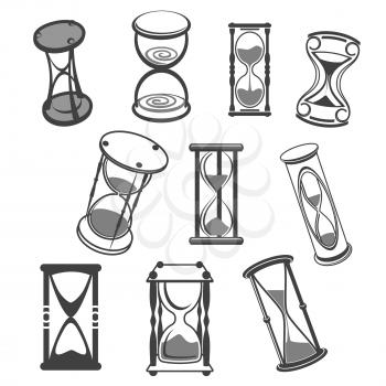 Hourglass or sandglass vector icons. Set of isolated sand watch and sand clock in three-legged stand, antique and vintage old sand timer symbols or time measure tool for internet and web design