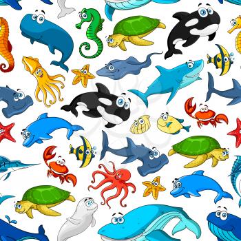 Cartoon pattern of seamless vector fishes and sea or ocean animals starfish or shell mollusk and seahorse, smiling stingray and turtle, lobster crab and octopus, squid and jellyfish, dolphin, whale an