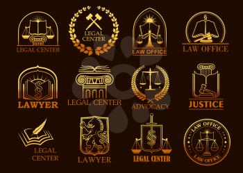 Juridical vector icons set of advocacy and legal symbols law code book, justice scales or judge gavel and laurel wreath, sword and column. Golden emblems or signs for advocate, court lawyer and judici