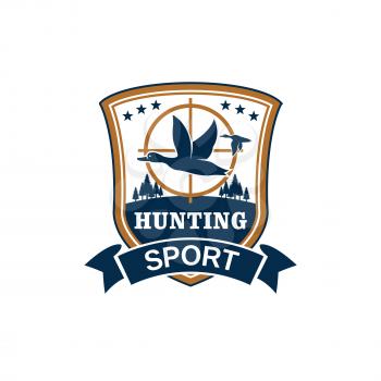 Hunting sport club vector emblem or icon with flying duck or goose fowl on riffle aim. Hunter wildlife and hunt adventure isolated blue shield and ribbon with nature and stars