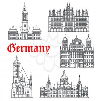 German historic buildings and German architecture sightseeing symbols. Vector isolated icons and facades of Tomaskirche church, Rathaus of Augsburg, Birnau or Wallfahrtskirche basilica, old City Hall 