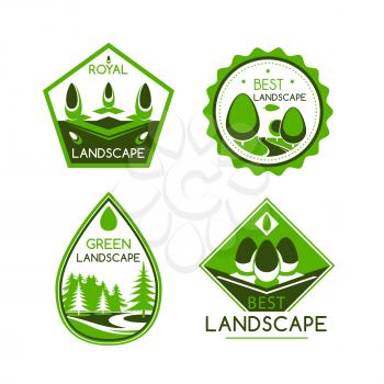 Landscape design service vector icons or emblems set for home or garden green plants and trees architecture or environment build or horticulture and gardening company award or labels