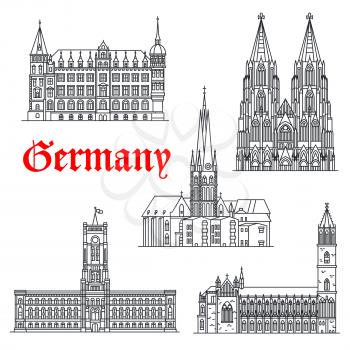 German buildings and German architecture sightseeing symbols of vector isolated icons and facades Magdeburg and Cologne Cathedral or Klner Dom, Lambertus Church or basilica, town hall, Rotes Rathaus 