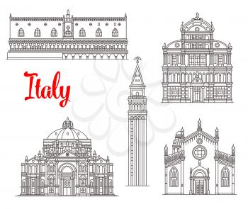 Italian historic architecture buildings and Venice sightseeing symbols. Vector isolated icons and facades of Palazzo Ducale or Doge Palace, San Zaccaria and Madonna dell Orto church, St Mark Campanile