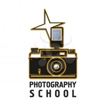 Camera vector icon of old or retro photograph camera with flash light, photo capture lens. Isolated emblem or sign for photography or photographer school
