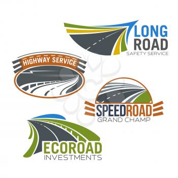 Roads and highways vector icons. Isolated emblems set for transportation route repair service, construction or investment company and speed car races