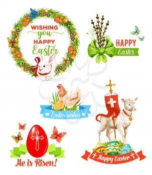 Easter holiday wishes emblem set. Easter egg with cross, rabbit bunny framed by floral wreath, chicken with chick, spring flowers with bow, lamb of God cartoon symbols with best wishes ribbon banner