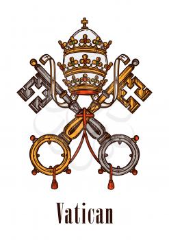 Vatican heraldic keys state official symbol on flag and coat of arms. Vector heraldry emblem of vintage keys and ribbons, imperial or royal crown of monarchy government with catholic cross