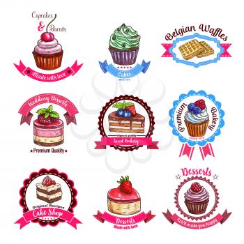 Cakes and dessert biscuits vector sketch icons of cupcakes or cheesecake, donut and muffin, belgian waffles and wafer tart, chocolate brownie cookie and pudding of bakery shop or patisserie