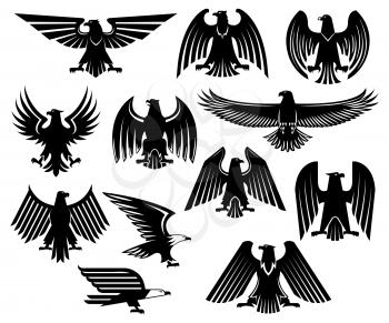 Heraldic eagle icons set of griffin or vulture black bird. Isolated emblem of royal imperial or gothic hawk or falcon heraldry symbol with spread wings for military crest or blazon, coat of arms