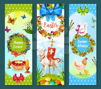 Easter spring holiday festive banner set. Decorated Easter egg on green grass, rabbit bunny, chicken, chick, lamb of God with cross, lily flower and willow tree wreath with bow, butterflies and candle
