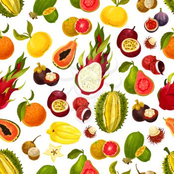 Exotic fruits seamless pattern of vector tropical mango and grapefruit or orange, carambola and dragon fruit, guava and longan, figs or rambutan, passion fruit and feijoa, durian or mangosteen
