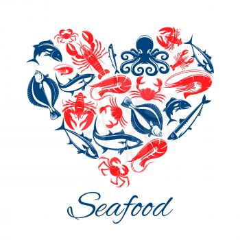 Seafood heart poster of vector fish and mollusks lobster or crab crayfish, shrimp or prawn and flounder, tuna and salmon or trout, squid, herring sprat and octopus