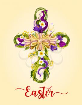 Easter cross with spring flowers greeting card. Flowers of tulip, narcissus and crocus with green leaves arranged into shape of crucifix with ribbon bow in center. Easter holiday festive poster design