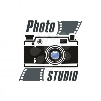Camera vector and photo film vector icon of retro photograph camera with flash light, photo capture lens. Isolated emblem or sign for photography or photographer school and studio