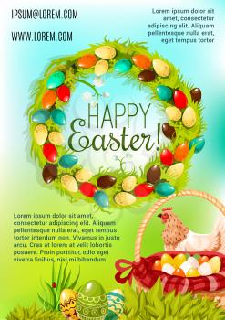 Happy Easter Day cartoon poster. Easter egg hunt basket on green grass, chicken and spring floral wreath with white lily flowers and painted eggs. Easter egg hunt celebration banner design
