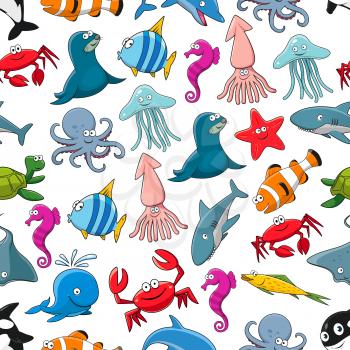 Fishes and ocean and sea animals vector seamless pattern of seal and clown fish or flounder, dolphin, whale and shark, starfish and seahorse, stingray and turtle, crab and octopus, squid and jellyfish