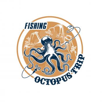 Octopus fishing trip vector icon with hooks tackle and fishnet snare or scoop-net grid and ocean underwater animal. Emblem for fishery or seafood company, fisherman or fisher trip sport adventure club