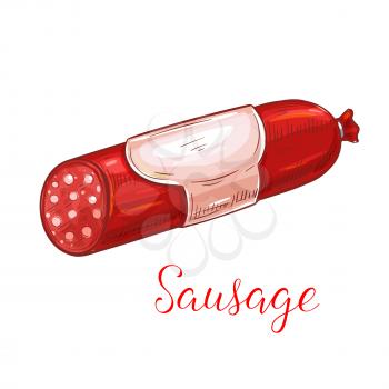 Sausage vector icon or emblem of smoked bacon or ham bratwurst and curry wurst, salami or pepperoni kielbasa, gastronomy meat delicatessen chorizo and saucisson or gourmet cabanossi barbecue bockwurst