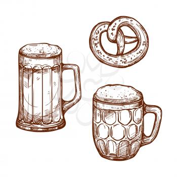 Beer glass mugs and snack pretzel bread vector sketch . Sketched frothy or foamy ale or lager and draught beer pint in mug or barrel with salted bagel for beer bar and brewpub or pub