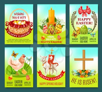 Easter spring holiday greeting card or poster set. Easter egg hunt basket with decorative eggs, chicken, chick, lily and tulip flowers wreath, lamb of God with cross, candle and willow tree branches