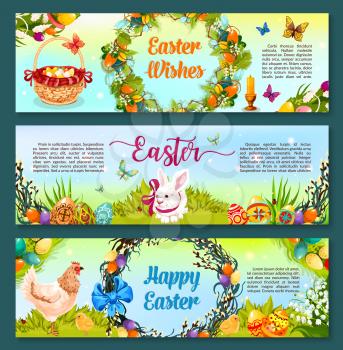 Easter egg hunt cartoon banner. Painted Easter egg with rabbit bunny and chicken on green grass, spring flowers and willow tree branch wreath, adorned by colorful eggs, ribbon bow and butterflies