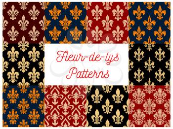 Flowery royal fleur-de-lis patterns set of vector seamless floral ornament and french lily heraldic flower tracery. Luxury ornamental baroque motif backdrop and embellishment tiles design for interior
