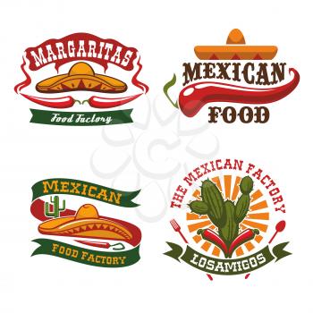 Mexican cuisine vector icons of sombrero hat, chili pepper jalapeno and agave cactus symbols for Mexico fast food snacks of burrito, tacos or tortillas, nachos and tequila bar or restaurant snacks
