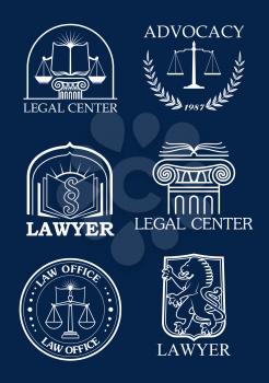 Legal icons for advocacy or lawyer of vector justice scales, heraldic laurel wreath and law code book, lion and column pillar symbols for advocate and justice attorney office, counsel and notary