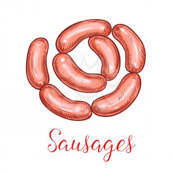 Sausages of vector smoked bacon or ham bratwurst and curry wurst, butchery salami or pepperoni kielbasa bunch, gourmet cabanossi barbecue bockwurst, gastronomy delicatessen meat chorizo and saucisson