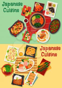 Japanese cuisine sushi and sashimi platter icon with seafood salad, shrimp, teriyaki pork, vegetable beef stew, grilled chicken and perch, chicken with mushroom, egg roll with eel, chicken liver