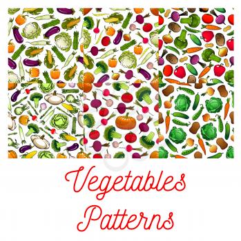 Vegetables patterns of farm vegetables on white background. Vegetarian nutrition farm organic products. Vegan food tomato, pepper, broccoli, peas, daikon radish, cauliflower, cabbage, cucumber