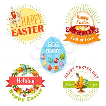Easter holiday and egg hunt celebration label set. Easter eggs, spring flower wreath, basket, Easter lamb, cross and candle, supplemented by ribbon banner and sunbeams