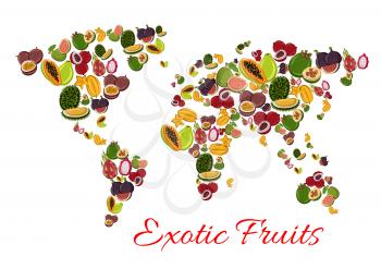 Exotic fruit world map poster with papaya, passion fruit, feijoa, dragon fruit, carambola, lychee, durian, fig and guava. Tropical fruit continents for healthy vegetarian food and drink design