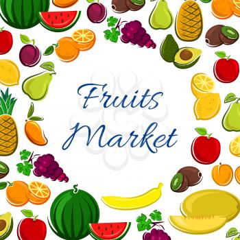 Fruits icons banner in round shape for fruit market decoration design. Elements of watermelon, plum, pear, melon, apricot, apple, pineapple, banana, mango, grape. Fruits market vector poster design