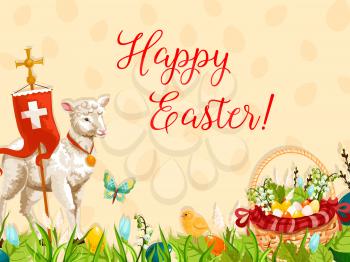 Easter lamb of God with cross greeting poster. Easter sheep, chicken chick and basket with Easter eggs, spring flowers and willow tree branches on green grass meadow with flying butterflies