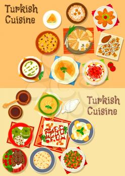 Turkish cuisine grilled meat kebab icon set with meat and fish cutlets, pilaf, stuffed pepper, dumpling, lentil and rice soups, bean stew, chicken with walnut, mussel, cheese pie and fruit dessert