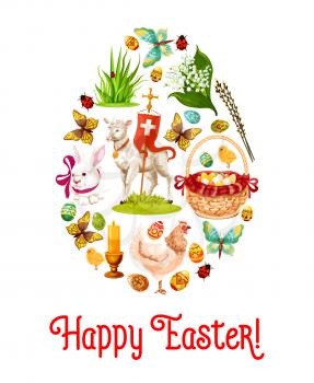 Easter egg poster with holiday symbols. Patterned Easter eggs, rabbit bunny, egg hunt basket, lily of the valley flowers, chicken, chick, lamb of God with cross, green grass and butterfly