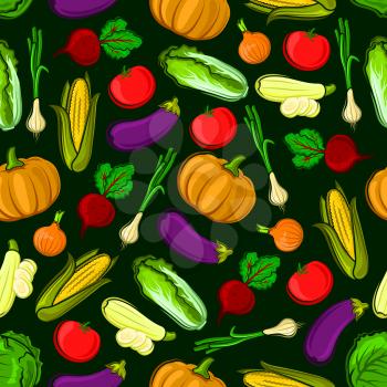 Vector icons of vegetables in seamless pattern. Vegetarian fresh ripe of pumpkin, eggplant, napa cabbage, zucchini, leek, corn, tomato, beet, onion. Kitchen decoration background