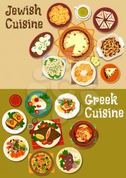 Greek and jewish cuisine icon with fish dishes, seafood risotto, meat dumpling, chickpea falafel, octopus salad, potato stew, pancake, casserole, lamb shank, eggplant stew, cheesecake, coconut pyramid