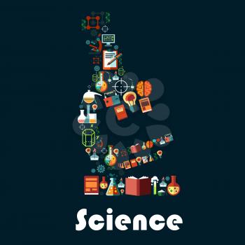 Science poster in microscope shape. Vector astronomy, chemistry, physics, genetics, mathematics, science items and books, laboratory flask, dna and formula, battery, light bulb and computer symbols