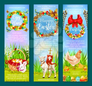 Easter Holiday and Egg Hunt banner template. Decorated Easter egg in grass of flower meadow with rabbit bunny, chicken, basket, chick, lamb, cross and floral wreath with ribbon bow and butterfly