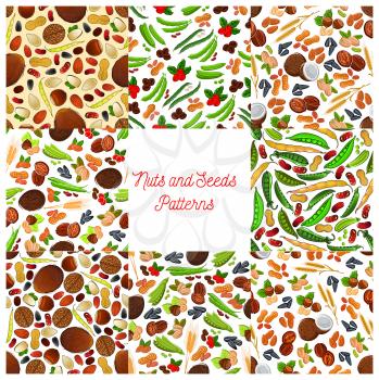 Nuts, grains, seeds vector seamless patterns of healthy nutritious grain, kernels, coconut, almond, pistachio and hazelnut, walnut, pea bean pod and peanut, sunflower, wheat ears, pumpkin seeds