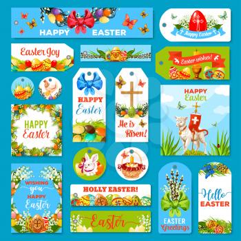 Easter tag set. Spring holiday labels with Easter eggs, rabbit bunny, chicken, egg hunt basket, lily and tulip flower wreath, lamb of God with cross, willow tree twigs with ribbon bow and candle